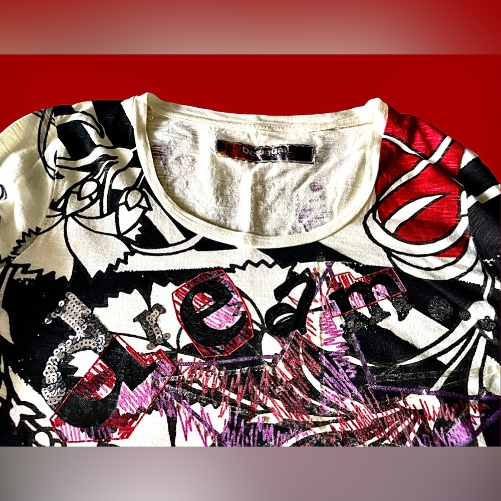 Desigual Long Sleeve Graphic Top — White, Black, Pink, Green, Turquoise - Picture 9 of 15